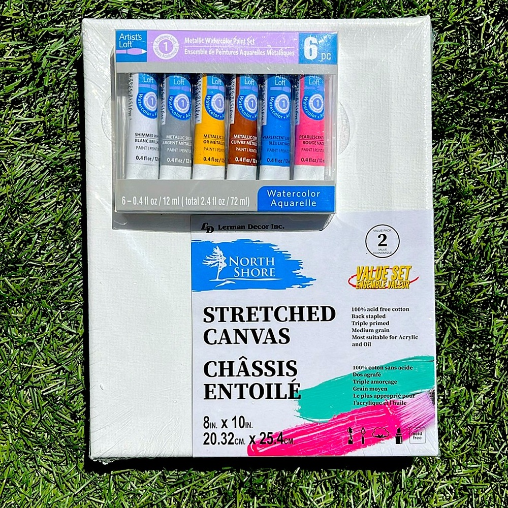 Lot of Water color metallic paints and two 8x10 canvases